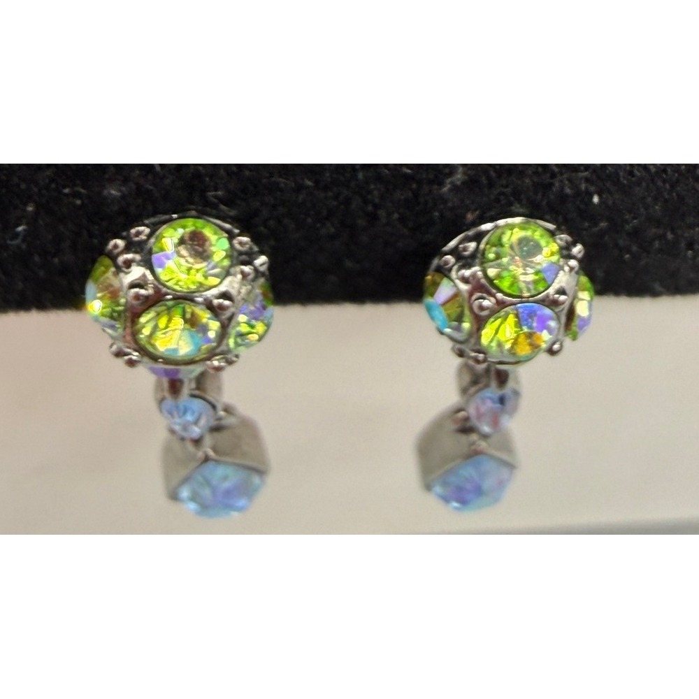 Givenchy Vintage Iridescent Crystal Drop Screw Back Earrings Gunmetal Blue Green - Picture 8 of 8